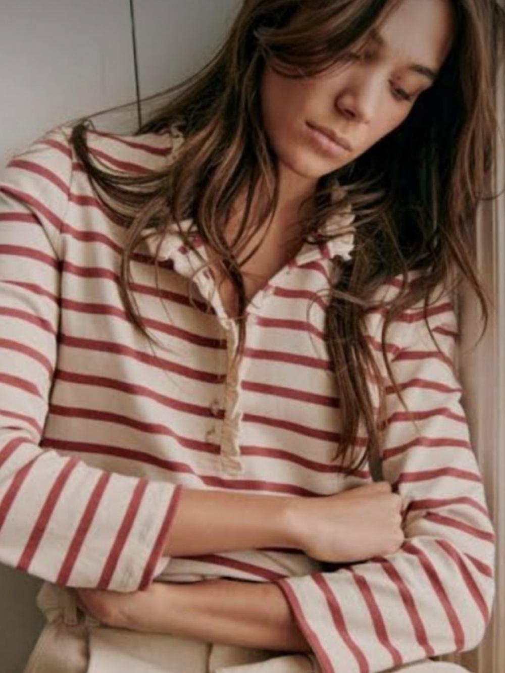 Sezane 
Long-Sleeve
Striped/Decorative Top
Size Small for Women
Rosewood
